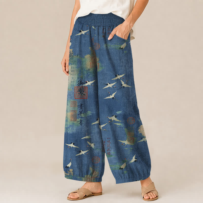 Buddha Stones Pantaloni harem da donna in cotone con motivo calligrafico di gru orientali, vita elasticizzata e pieghe, con tasche. - image 7