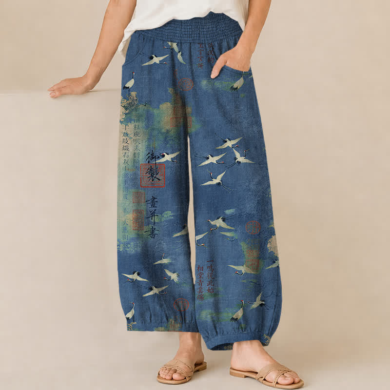 Buddha Stones Pantaloni harem da donna in cotone con motivo calligrafico di gru orientali, vita elasticizzata e pieghe, con tasche. - SteelBlue - US16, UK/AU20, EU48 (3XL) - image 6