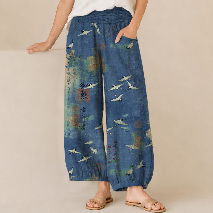 Buddha Stones Pantaloni harem da donna in cotone con motivo calligrafico di gru orientali, vita elasticizzata e pieghe, con tasche. - SteelBlue - US16, UK/AU20, EU48 (3XL) - image 6