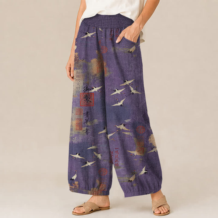 Buddha Stones Pantaloni harem da donna in cotone con motivo calligrafico di gru orientali, vita elasticizzata e pieghe, con tasche. - image 11