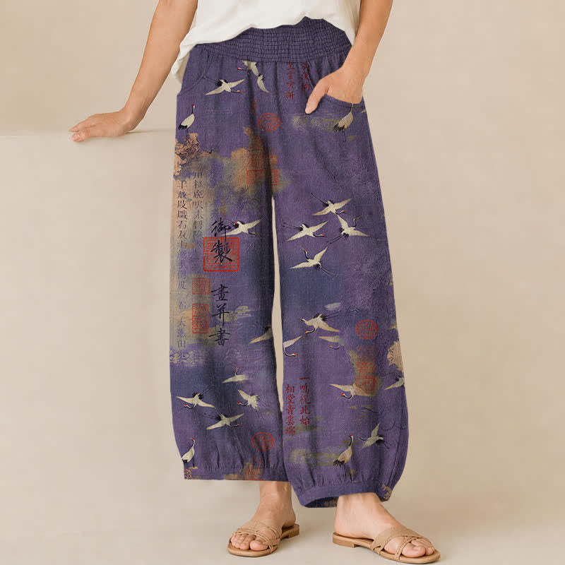 Buddha Stones Pantaloni harem da donna in cotone con motivo calligrafico di gru orientali, vita elasticizzata e pieghe, con tasche. - Viola - US16, UK/AU20, EU48 (3XL) - image 10