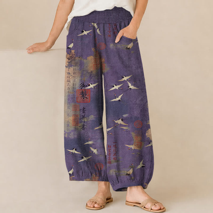 Buddha Stones Pantaloni harem da donna in cotone con motivo calligrafico di gru orientali, vita elasticizzata e pieghe, con tasche. - Viola - US16, UK/AU20, EU48 (3XL) - image 10