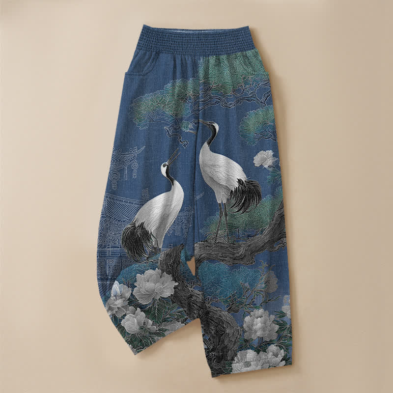 Buddha Stones Pantaloni harem da donna in cotone con motivo a gru orientale e fiori bianchi, plissettati e vita elasticizzata, con tasche. - image 3