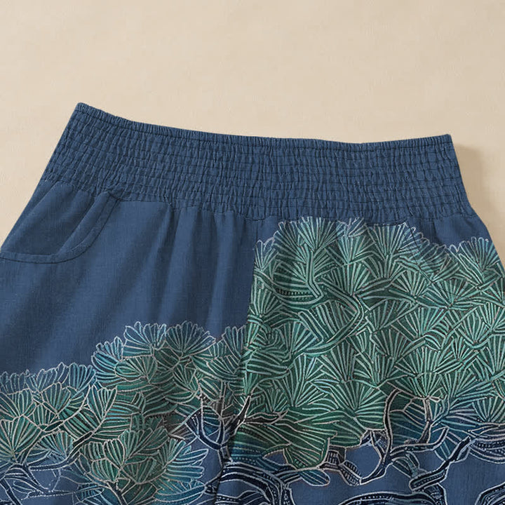 Buddha Stones Pantaloni harem da donna in cotone con motivo a gru orientale e fiori bianchi, plissettati e vita elasticizzata, con tasche. - image 4