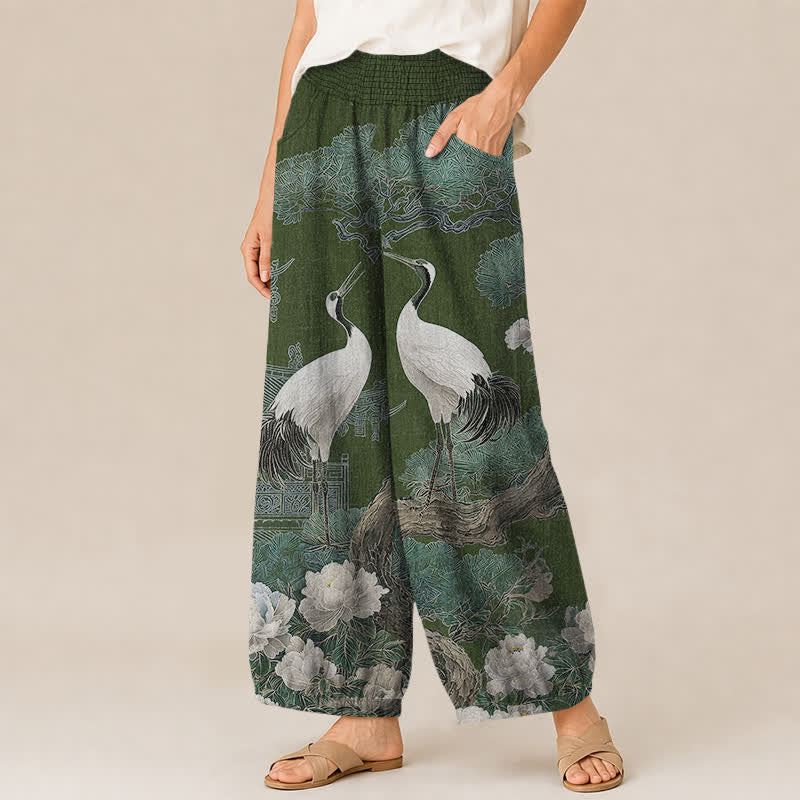 Buddha Stones Pantaloni harem da donna in cotone con motivo a gru orientale e fiori bianchi, plissettati e vita elasticizzata, con tasche. - image 7