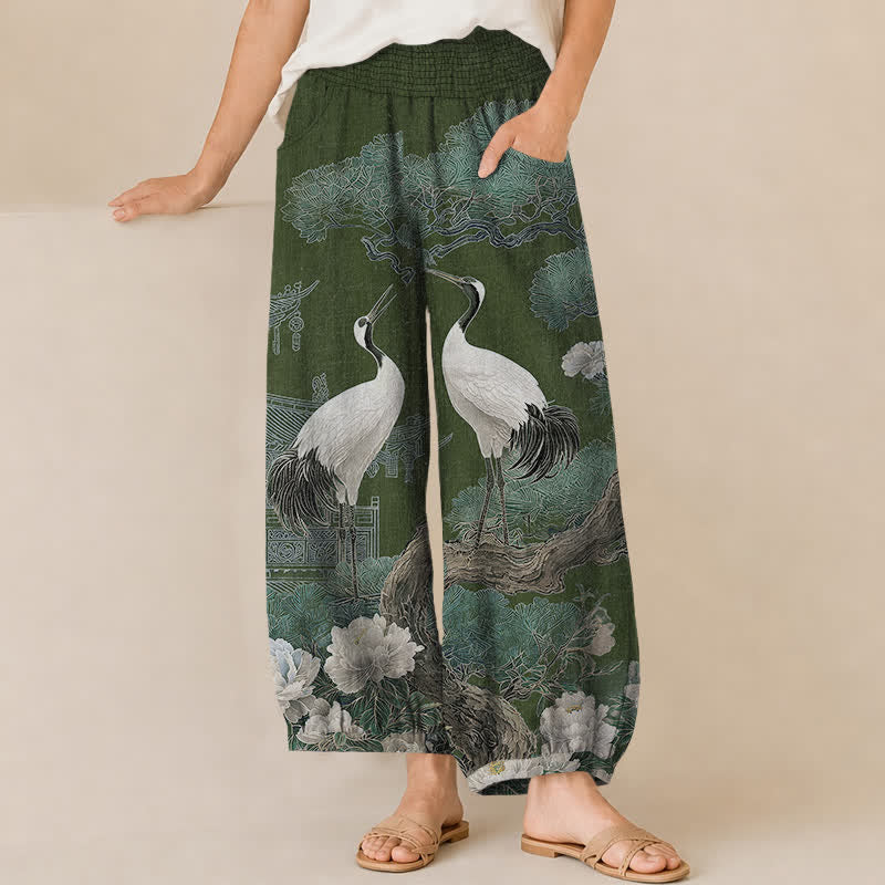 Buddha Stones Pantaloni harem da donna in cotone con motivo a gru orientale e fiori bianchi, plissettati e vita elasticizzata, con tasche. - Verde scuro - US16, UK/AU20, EU48 (3XL) - image 6