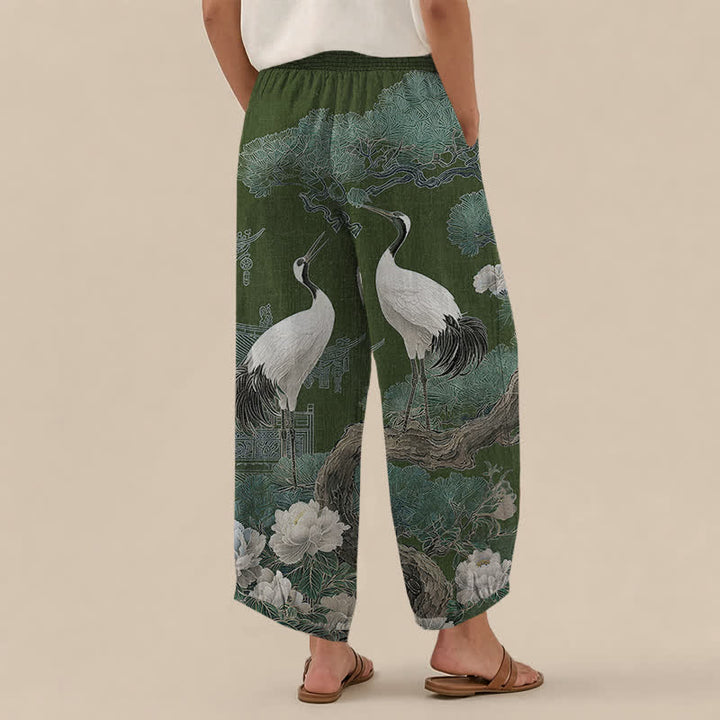 Buddha Stones Pantaloni harem da donna in cotone con motivo a gru orientale e fiori bianchi, plissettati e vita elasticizzata, con tasche. - image 8
