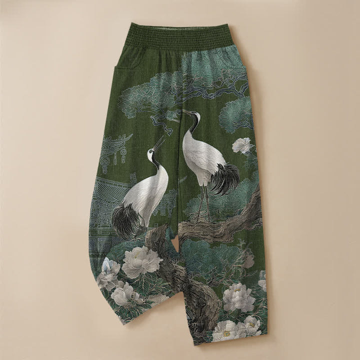 Buddha Stones Pantaloni harem da donna in cotone con motivo a gru orientale e fiori bianchi, plissettati e vita elasticizzata, con tasche. - image 9