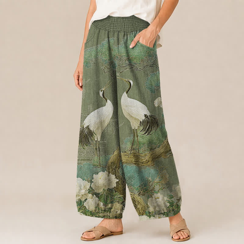 Buddha Stones Pantaloni harem da donna in cotone con motivo a gru orientale e fiori bianchi, plissettati e vita elasticizzata, con tasche. - image 11