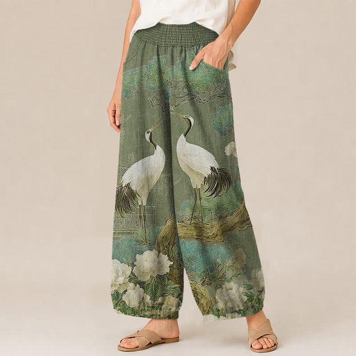 Buddha Stones Pantaloni harem da donna in cotone con motivo a gru orientale e fiori bianchi, plissettati e vita elasticizzata, con tasche. - image 11
