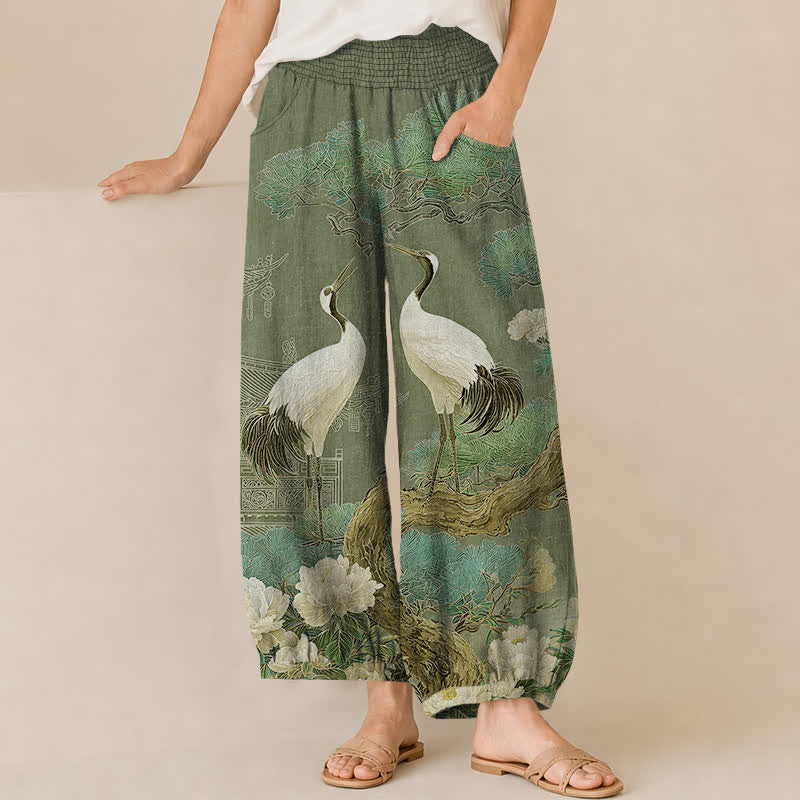 Buddha Stones Pantaloni harem da donna in cotone con motivo a gru orientale e fiori bianchi, plissettati e vita elasticizzata, con tasche. - Verde studentesco - US16, UK/AU20, EU48 (3XL) - image 10