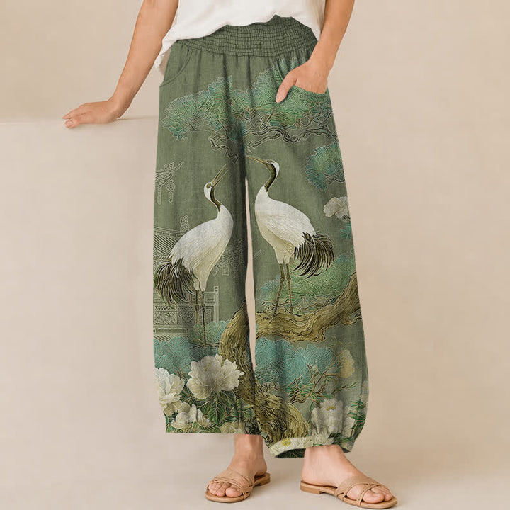 Buddha Stones Pantaloni harem da donna in cotone con motivo a gru orientale e fiori bianchi, plissettati e vita elasticizzata, con tasche. - Verde studentesco - US16, UK/AU20, EU48 (3XL) - image 10