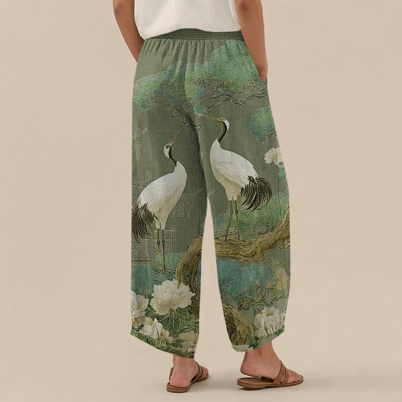 Buddha Stones Pantaloni harem da donna in cotone con motivo a gru orientale e fiori bianchi, plissettati e vita elasticizzata, con tasche. - image 12