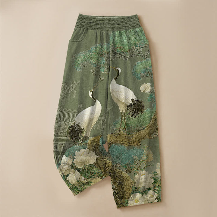 Buddha Stones Pantaloni harem da donna in cotone con motivo a gru orientale e fiori bianchi, plissettati e vita elasticizzata, con tasche. - image 13