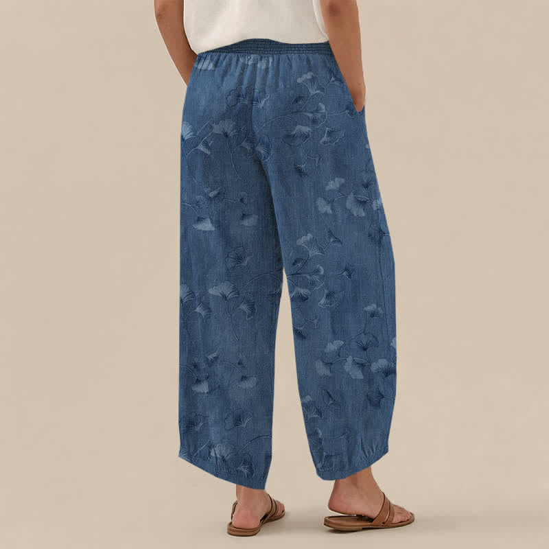 Buddha Stones Pantaloni harem da donna in cotone con motivo a foglie di ginkgo, plissettati e vita elasticizzata, con tasche. - image 2