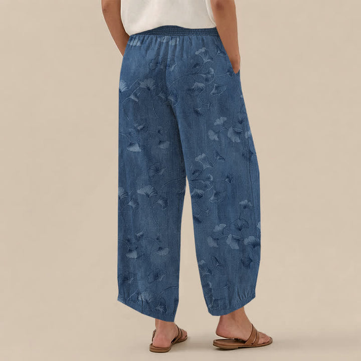 Buddha Stones Pantaloni harem da donna in cotone con motivo a foglie di ginkgo, plissettati e vita elasticizzata, con tasche. - image 2