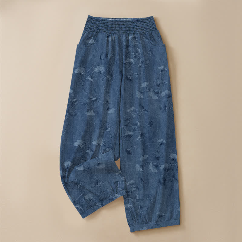 Buddha Stones Pantaloni harem da donna in cotone con motivo a foglie di ginkgo, plissettati e vita elasticizzata, con tasche. - image 3