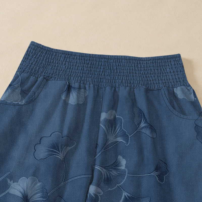 Buddha Stones Pantaloni harem da donna in cotone con motivo a foglie di ginkgo, plissettati e vita elasticizzata, con tasche. - image 4