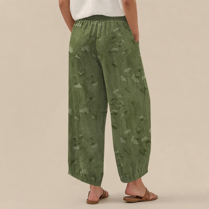 Buddha Stones Pantaloni harem da donna in cotone con motivo a foglie di ginkgo, plissettati e vita elasticizzata, con tasche. - image 8