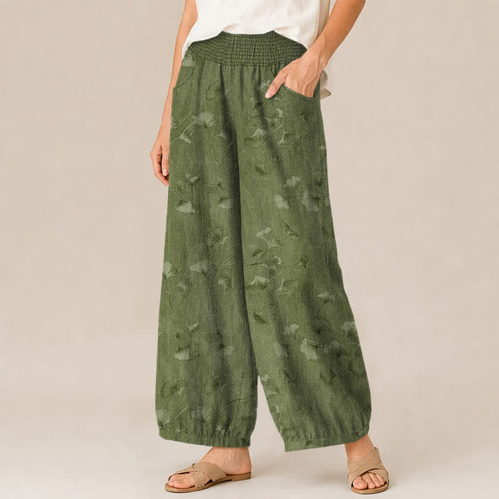 Buddha Stones Pantaloni harem da donna in cotone con motivo a foglie di ginkgo, plissettati e vita elasticizzata, con tasche. - image 7