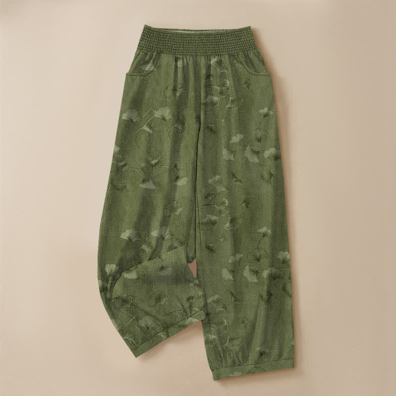 Buddha Stones Pantaloni harem da donna in cotone con motivo a foglie di ginkgo, plissettati e vita elasticizzata, con tasche. - image 9