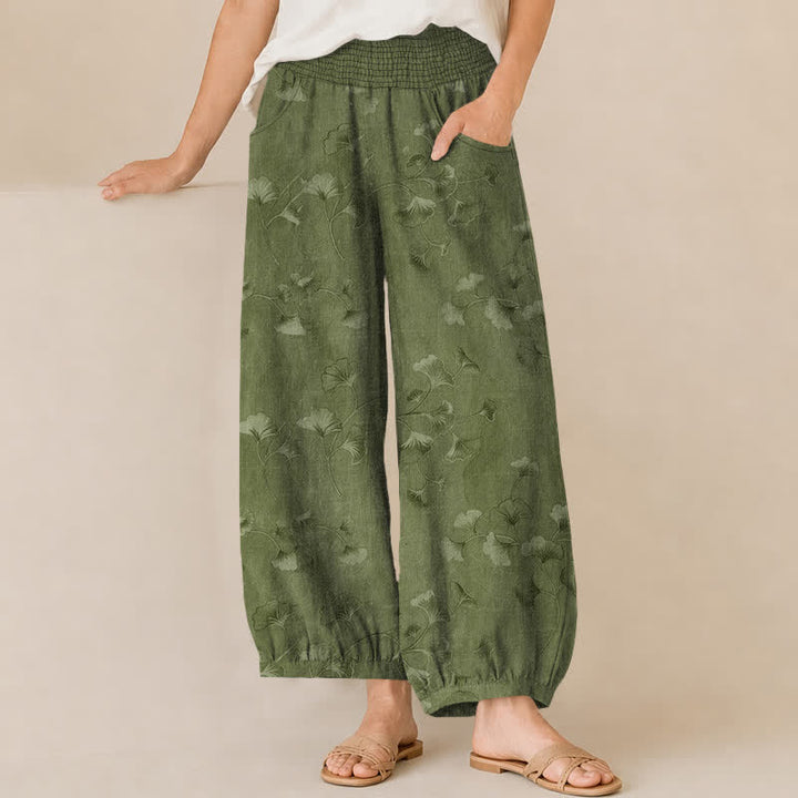 Buddha Stones Pantaloni harem da donna in cotone con motivo a foglie di ginkgo, plissettati e vita elasticizzata, con tasche. - Verde oliva - US16, UK/AU20, EU48 (3XL) - image 6
