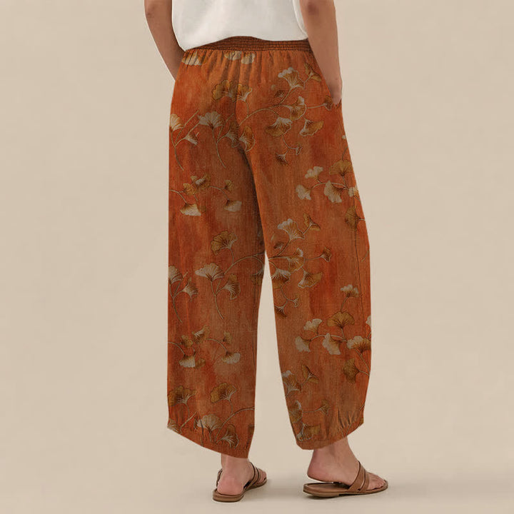 Buddha Stones Pantaloni harem da donna in cotone con motivo a foglie di ginkgo, plissettati e vita elasticizzata, con tasche. - image 12