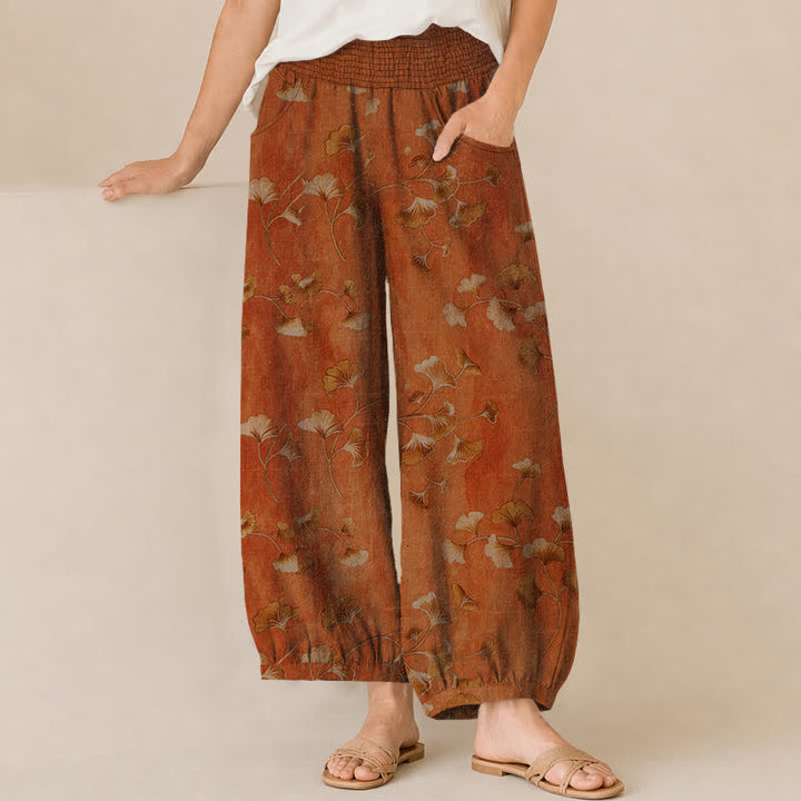 Buddha Stones Pantaloni harem da donna in cotone con motivo a foglie di ginkgo, plissettati e vita elasticizzata, con tasche. - Siena - US16, UK/AU20, EU48 (3XL) - image 10