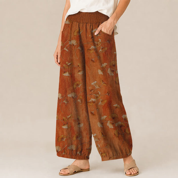 Buddha Stones Pantaloni harem da donna in cotone con motivo a foglie di ginkgo, plissettati e vita elasticizzata, con tasche. - image 11