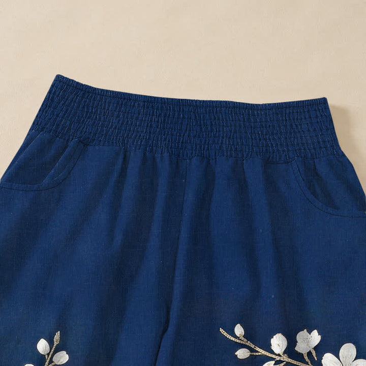 Buddha Stones Pantaloni harem da donna in cotone con motivo a gru orientale e fiori di pruno, plissettati e vita elasticizzata, con tasche. - image 4