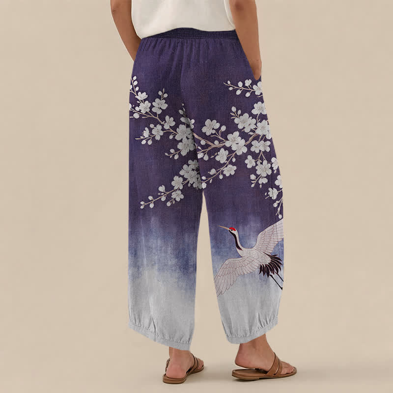 Buddha Stones Pantaloni harem da donna in cotone con motivo a gru orientale e fiori di pruno, plissettati e vita elasticizzata, con tasche. - image 8