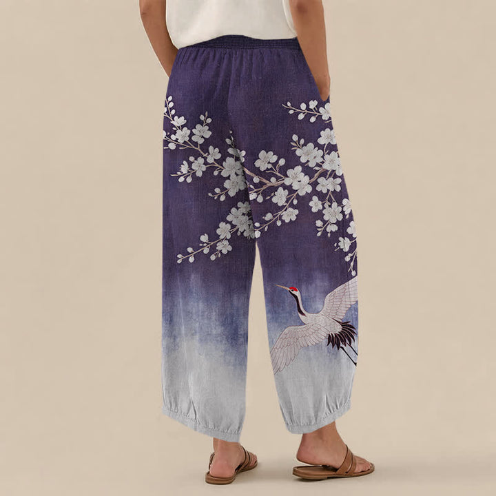 Buddha Stones Pantaloni harem da donna in cotone con motivo a gru orientale e fiori di pruno, plissettati e vita elasticizzata, con tasche. - image 8