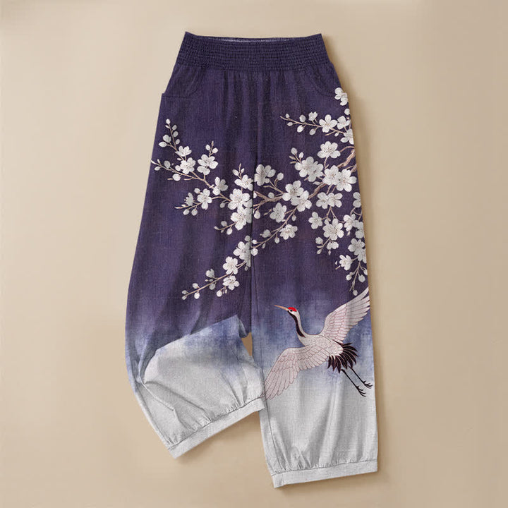 Buddha Stones Pantaloni harem da donna in cotone con motivo a gru orientale e fiori di pruno, plissettati e vita elasticizzata, con tasche. - image 9