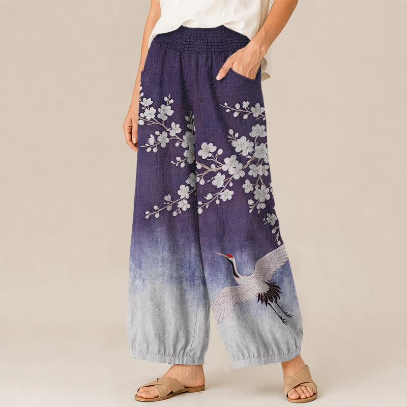 Buddha Stones Pantaloni harem da donna in cotone con motivo a gru orientale e fiori di pruno, plissettati e vita elasticizzata, con tasche. - image 7
