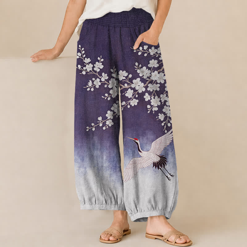 Buddha Stones Pantaloni harem da donna in cotone con motivo a gru orientale e fiori di pruno, plissettati e vita elasticizzata, con tasche. - Indaco - US16, UK/AU20, EU48 (3XL) - image 6