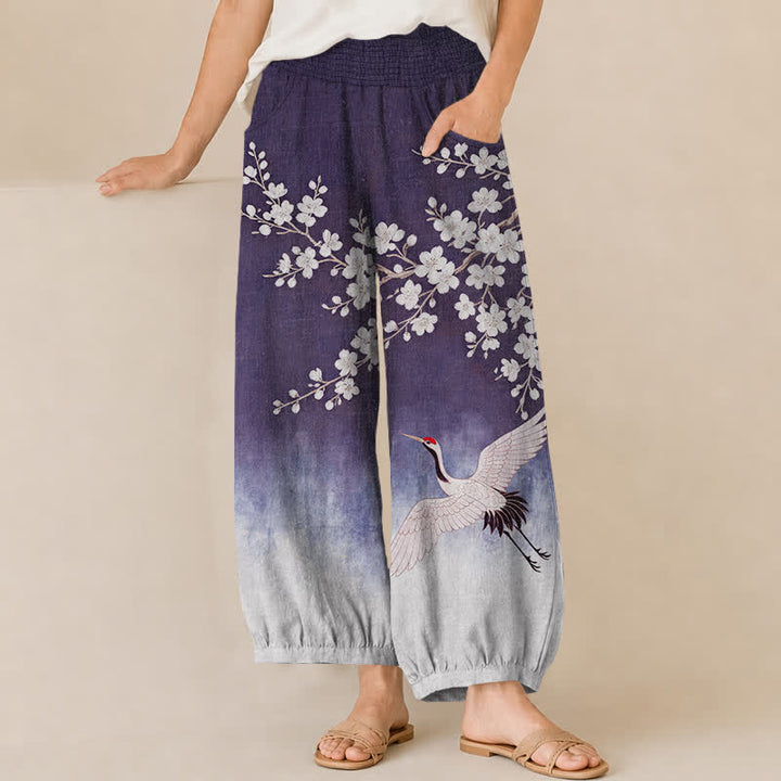Buddha Stones Pantaloni harem da donna in cotone con motivo a gru orientale e fiori di pruno, plissettati e vita elasticizzata, con tasche. - Indaco - US16, UK/AU20, EU48 (3XL) - image 6