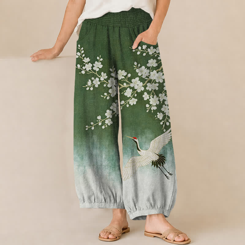 Buddha Stones Pantaloni harem da donna in cotone con motivo a gru orientale e fiori di pruno, plissettati e vita elasticizzata, con tasche. - Verde studentesco - US16, UK/AU20, EU48 (3XL) - image 10