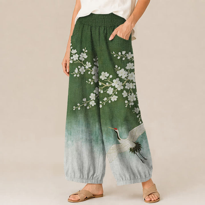 Buddha Stones Pantaloni harem da donna in cotone con motivo a gru orientale e fiori di pruno, plissettati e vita elasticizzata, con tasche. - image 11
