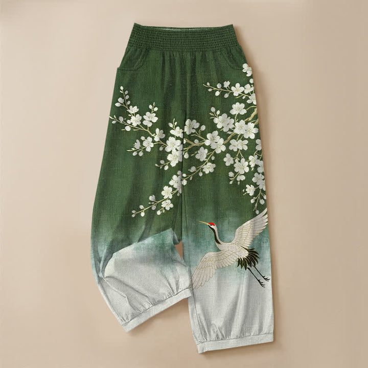 Buddha Stones Pantaloni harem da donna in cotone con motivo a gru orientale e fiori di pruno, plissettati e vita elasticizzata, con tasche. - image 13