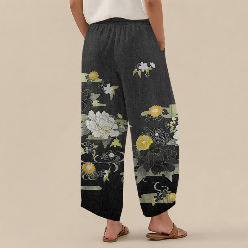 Buddha Stones Pantaloni harem da donna in cotone con motivo floreale orientale di peonie, pieghe e vita elasticizzata, con tasche. - image 2