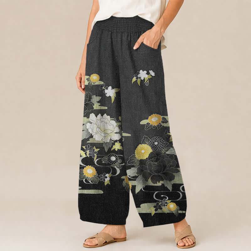 Buddha Stones Pantaloni harem da donna in cotone con motivo floreale orientale di peonie, pieghe e vita elasticizzata, con tasche. - image 1