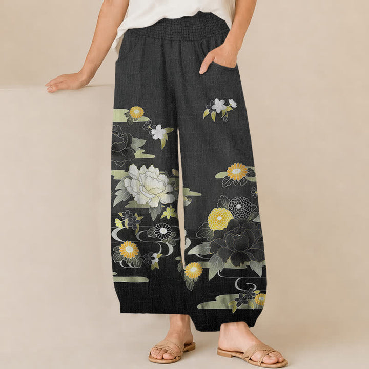 Buddha Stones Pantaloni harem da donna in cotone con motivo floreale orientale di peonie, pieghe e vita elasticizzata, con tasche. - Nero - US16, UK/AU20, EU48 (3XL) - image 0