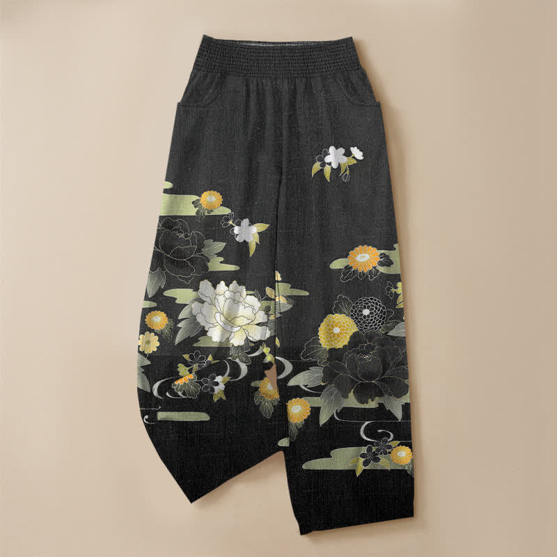 Buddha Stones Pantaloni harem da donna in cotone con motivo floreale orientale di peonie, pieghe e vita elasticizzata, con tasche. - image 3