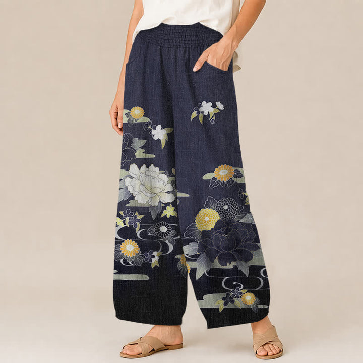 Buddha Stones Pantaloni harem da donna in cotone con motivo floreale orientale di peonie, pieghe e vita elasticizzata, con tasche. - image 7