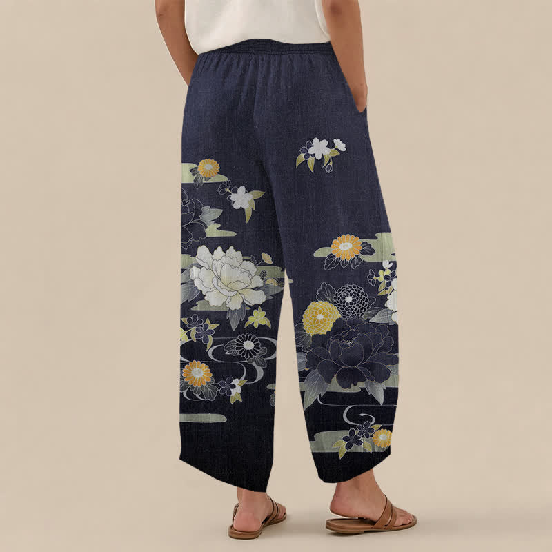 Buddha Stones Pantaloni harem da donna in cotone con motivo floreale orientale di peonie, pieghe e vita elasticizzata, con tasche. - image 8