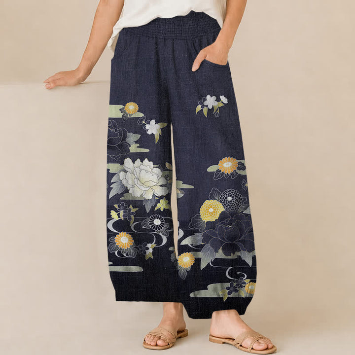 Buddha Stones Pantaloni harem da donna in cotone con motivo floreale orientale di peonie, pieghe e vita elasticizzata, con tasche. - Marina - US16, UK/AU20, EU48 (3XL) - image 6