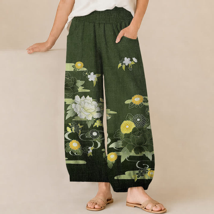 Buddha Stones Pantaloni harem da donna in cotone con motivo floreale orientale di peonie, pieghe e vita elasticizzata, con tasche. - Verde studentesco - US16, UK/AU20, EU48 (3XL) - image 10