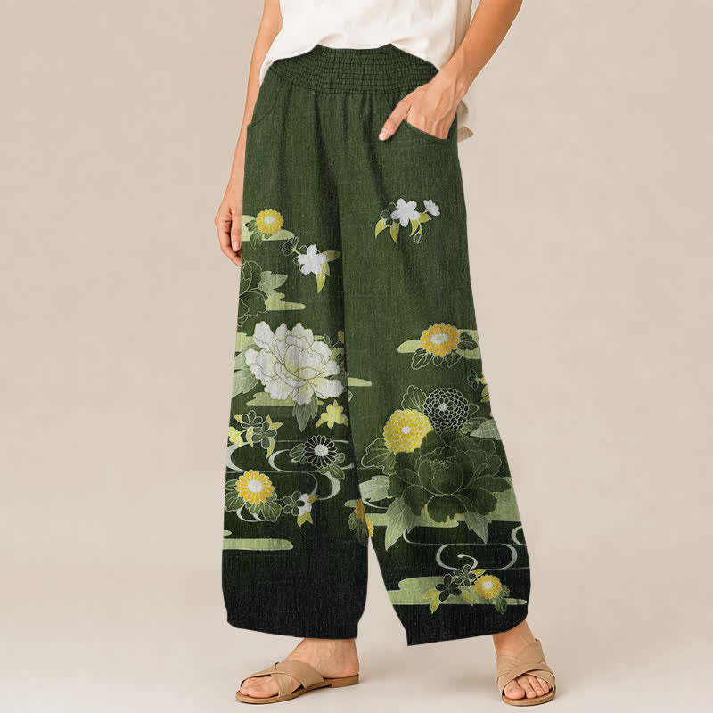 Buddha Stones Pantaloni harem da donna in cotone con motivo floreale orientale di peonie, pieghe e vita elasticizzata, con tasche. - image 11