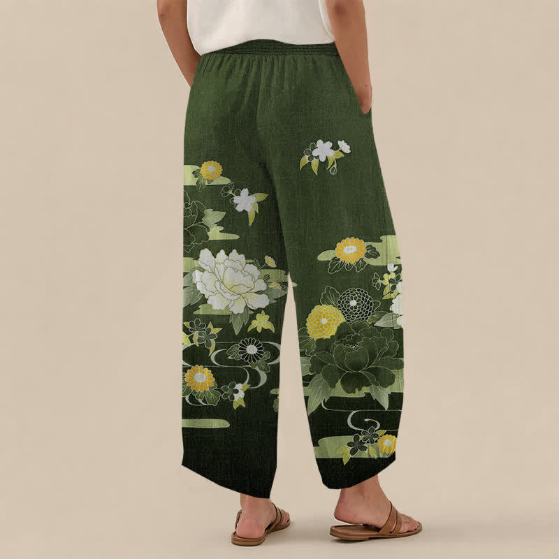 Buddha Stones Pantaloni harem da donna in cotone con motivo floreale orientale di peonie, pieghe e vita elasticizzata, con tasche. - image 12
