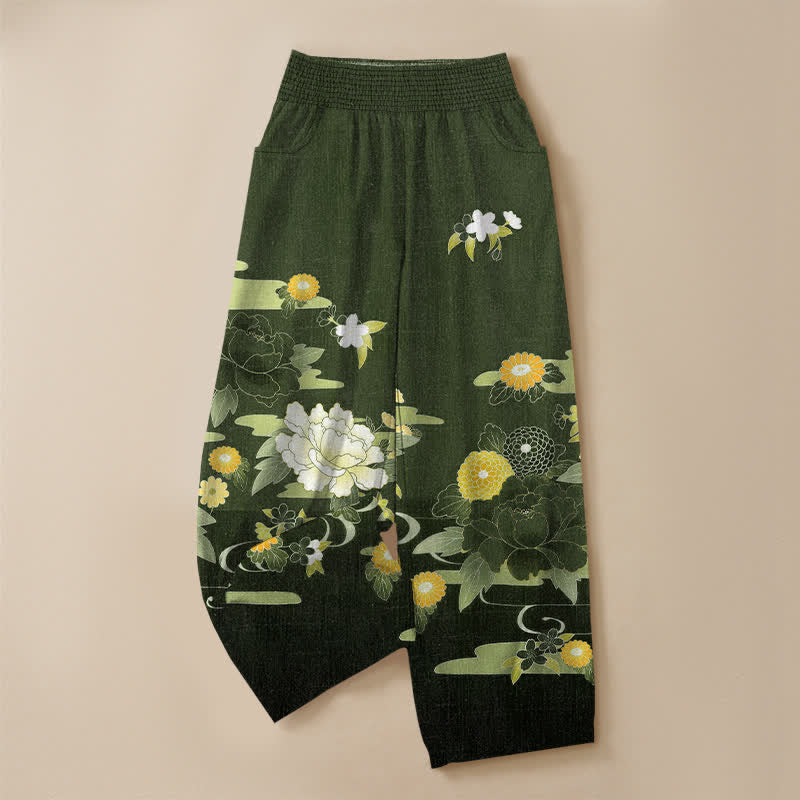 Buddha Stones Pantaloni harem da donna in cotone con motivo floreale orientale di peonie, pieghe e vita elasticizzata, con tasche. - image 13